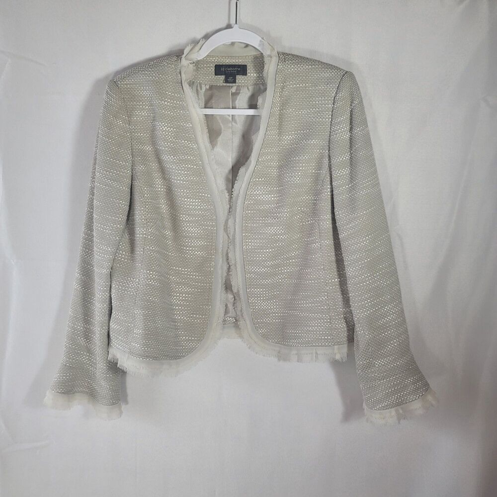 Liz Claiborne Petite Tweed Blazer Jacket Ivory Metallic Raw Fringe Trim Size 12P